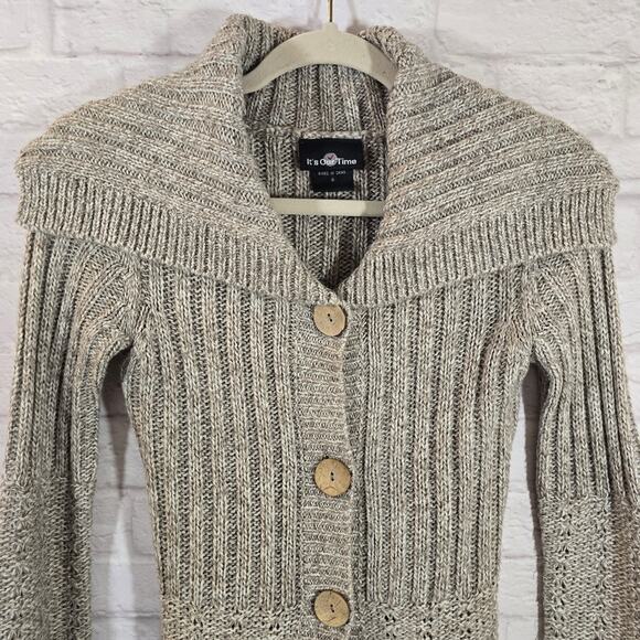 M It's Our Time Knit Long Cardigan with Wooden Buttons Y2K Women's Size S Taupe - Picture 2 of 10